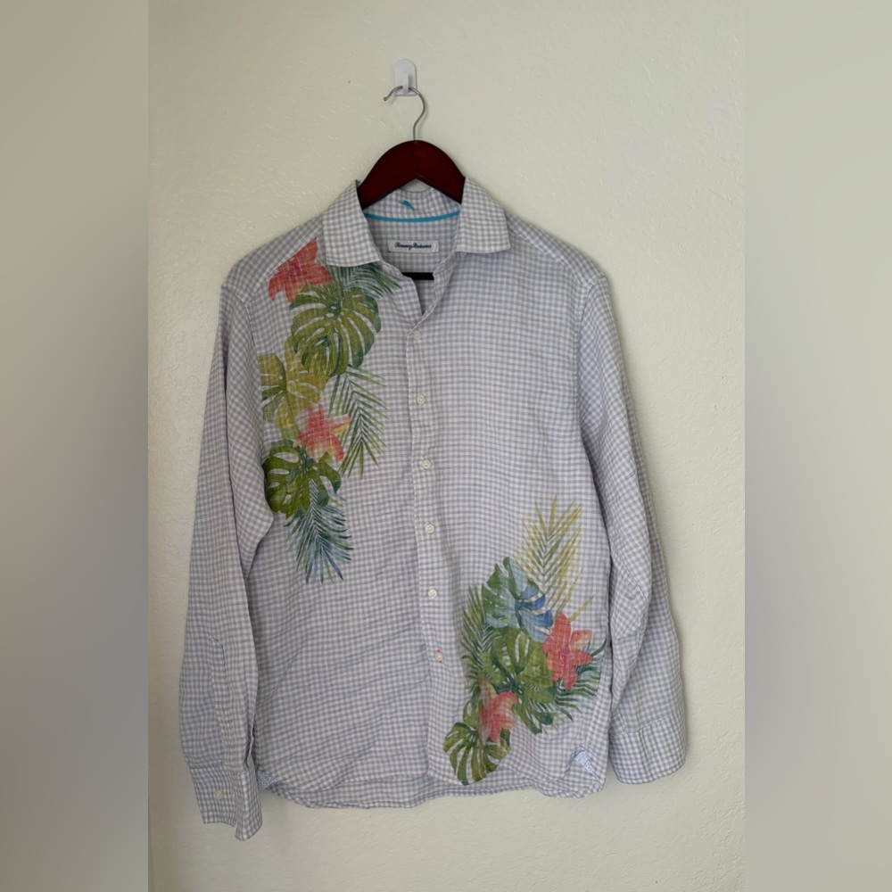 Tommy Bahama Blue Check Button-Up with Tropical Floral Accents